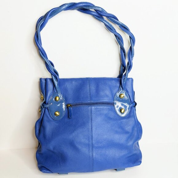 Michael Rome Italian Leather Shoulder Bag Blue Pebbled Handbag with Tassels - Picture 4 of 10